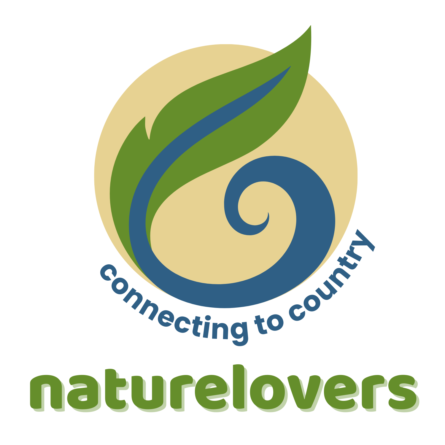 Naturelovers logo green leaf-feather morphing into blue shell-wave with pale yellow circle background